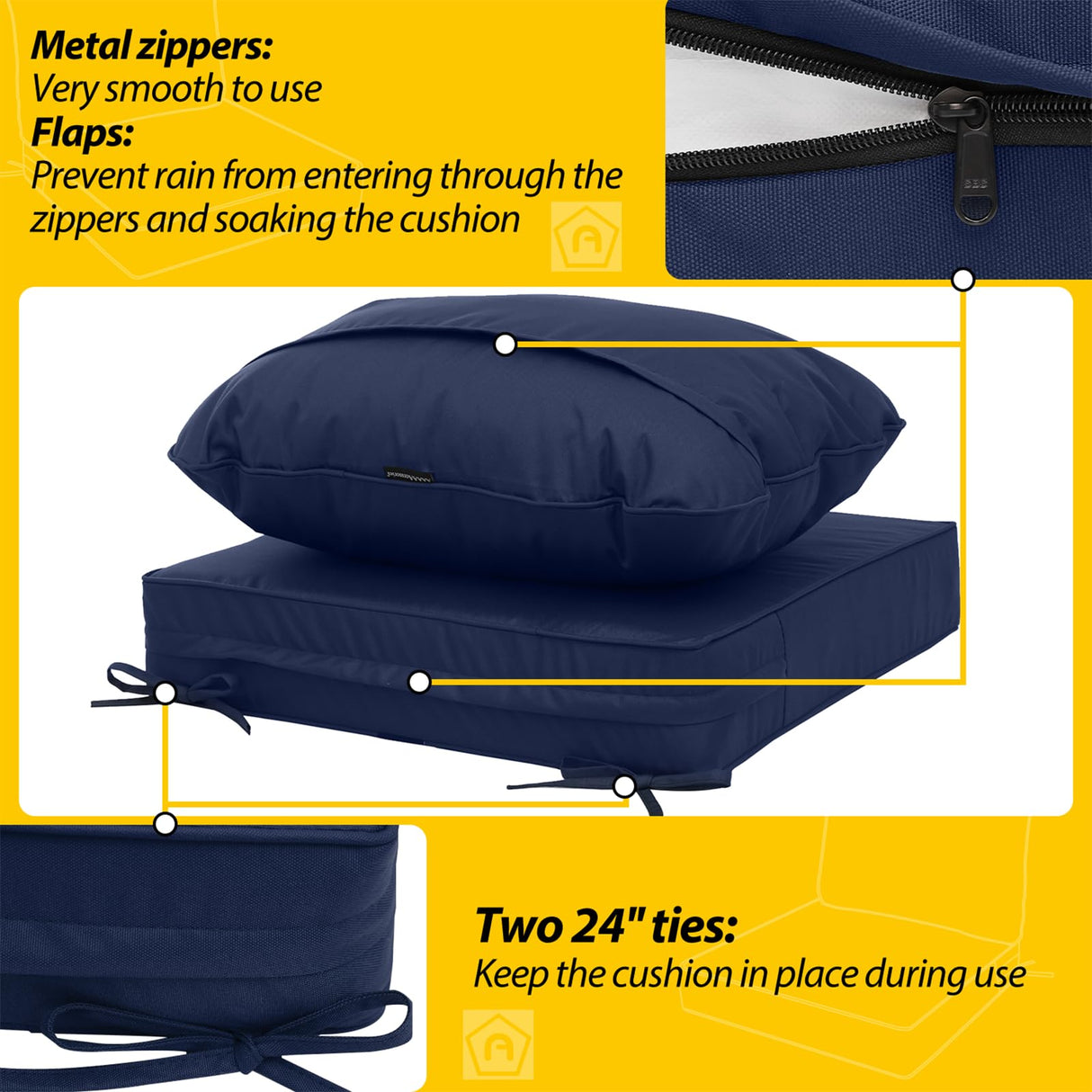 AAAAAcessories Outdoor Deep Seat Cushions for Patio Furniture, Waterproof Replacement Patio Chair Cushions Set of 4, 24 x 24 x 5 Inch, Navy Blue AAAAAcessories