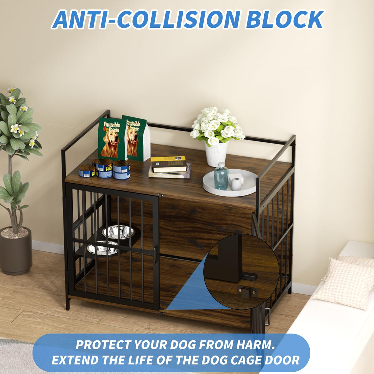 LOVMOR Dog Cage Furniture with Rotating Feeder Bowls, Dog Kennel Indoor with Cushion, Dog Crates for Small and Medium Dogs, 41" L X 23.6" W 35.8" H, Rustic Brown LOVMOR