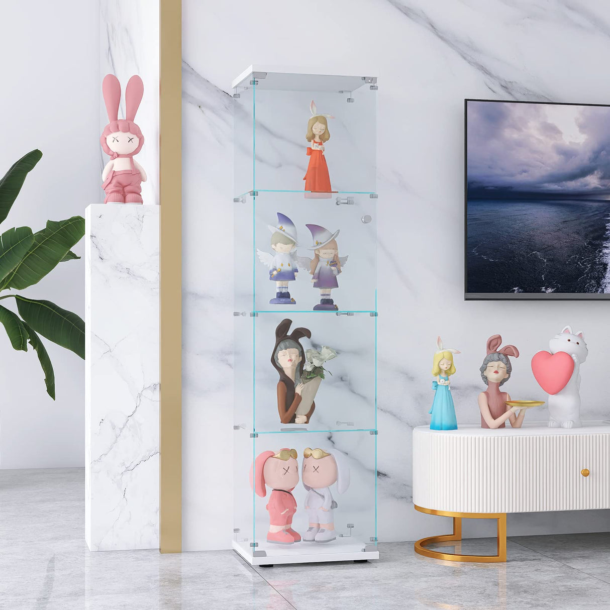 Lighted Curio Cabinets,Glass Display Cabinet with LED Lights/Lock/Single White Corner Cabinet Rectangular 65”x 17”x 14.5”,Easy Assemble YiaFurio