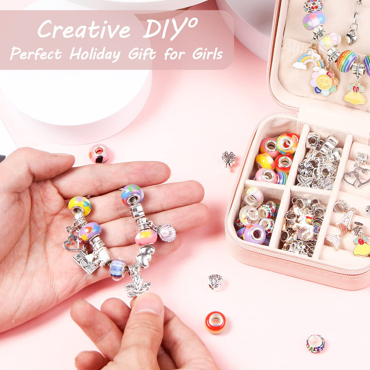 UFU Charm Bracelet Making Kit Girls Beads for Jewelry Making Kit, Unicorns Arts Crafts Gifts Set for Teen Girls Age 5 6 7 8-12, with a Portable Bracelet Organizer Box UFU