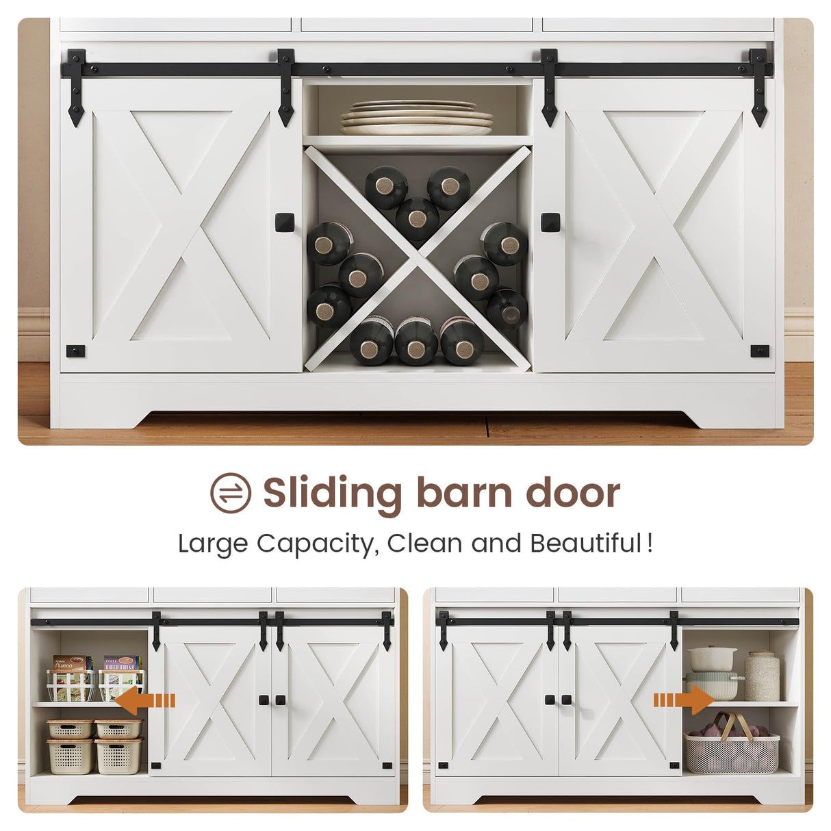 DICTAC Farmhouse Buffet Cabinet with Storage Coffee Bar Station Cabinet with Power Outlet and LED Light, Tall Bar Cabinets with Sliding Barn Door and Wine Glass Rack for Kitchen, Living Room,White DICTAC