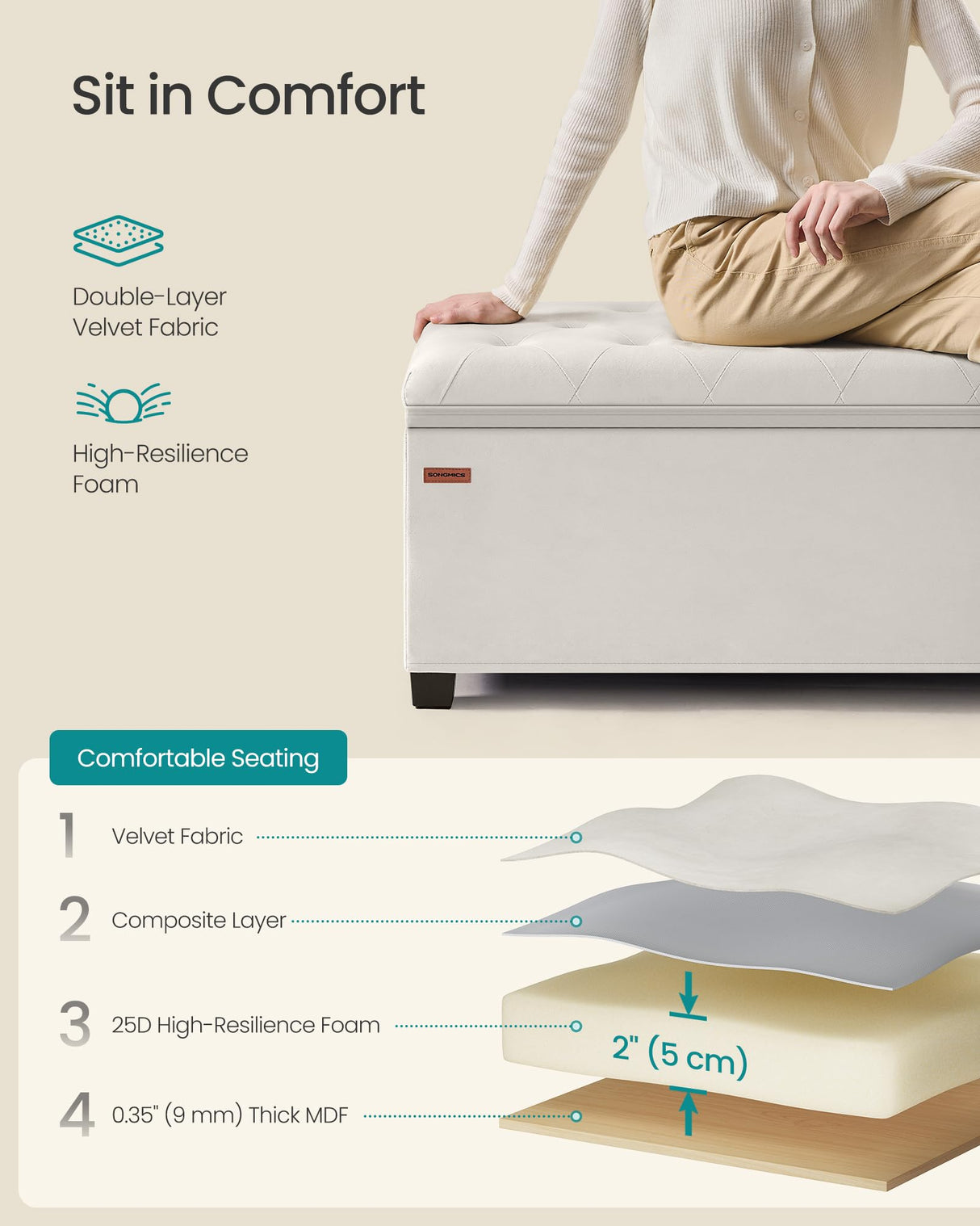 SONGMICS Velvet Storage Ottoman Bench, Foot Rest with Legs, 15.7 x 43 x 15.7 Inches, End of Bed Bench, Storage Chest, Load up to 660 lb, for Living Room, Bedroom, Entryway, Cream White ULSF089W01 SONGMICS