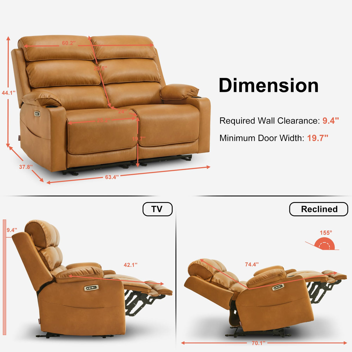 MCombo 63.4" Power Reclining Loveseat Sofa with Adjustable Headrest, Heat and Vibration, USB Type C Charge Ports Faux Leather for Living Room 6711 (Cognac Brown) MCombo