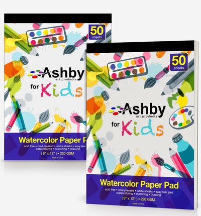 Ashby for Kids - 2 Pack of 9 x12 (220 GSM) Watercolor Paper for Kids. 100 Extra Thick Pages (50 per Pad). Great for Fingerpaints, Drawing, Doodling and Sketching. Easy to Remove Pages. Natural White
