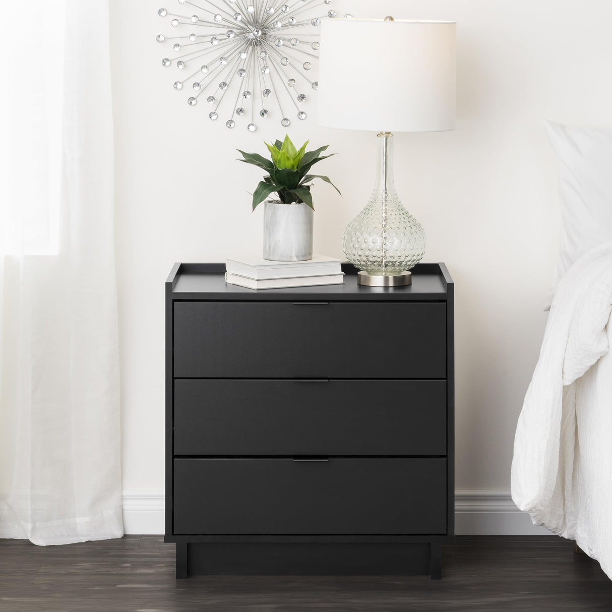 Prepac Simply Modern Nightstand Bedside Table, Black Nightstand for Bedroom, End Table with 3 Drawers 26.5" W x 26.75" H x 16" D Prepac