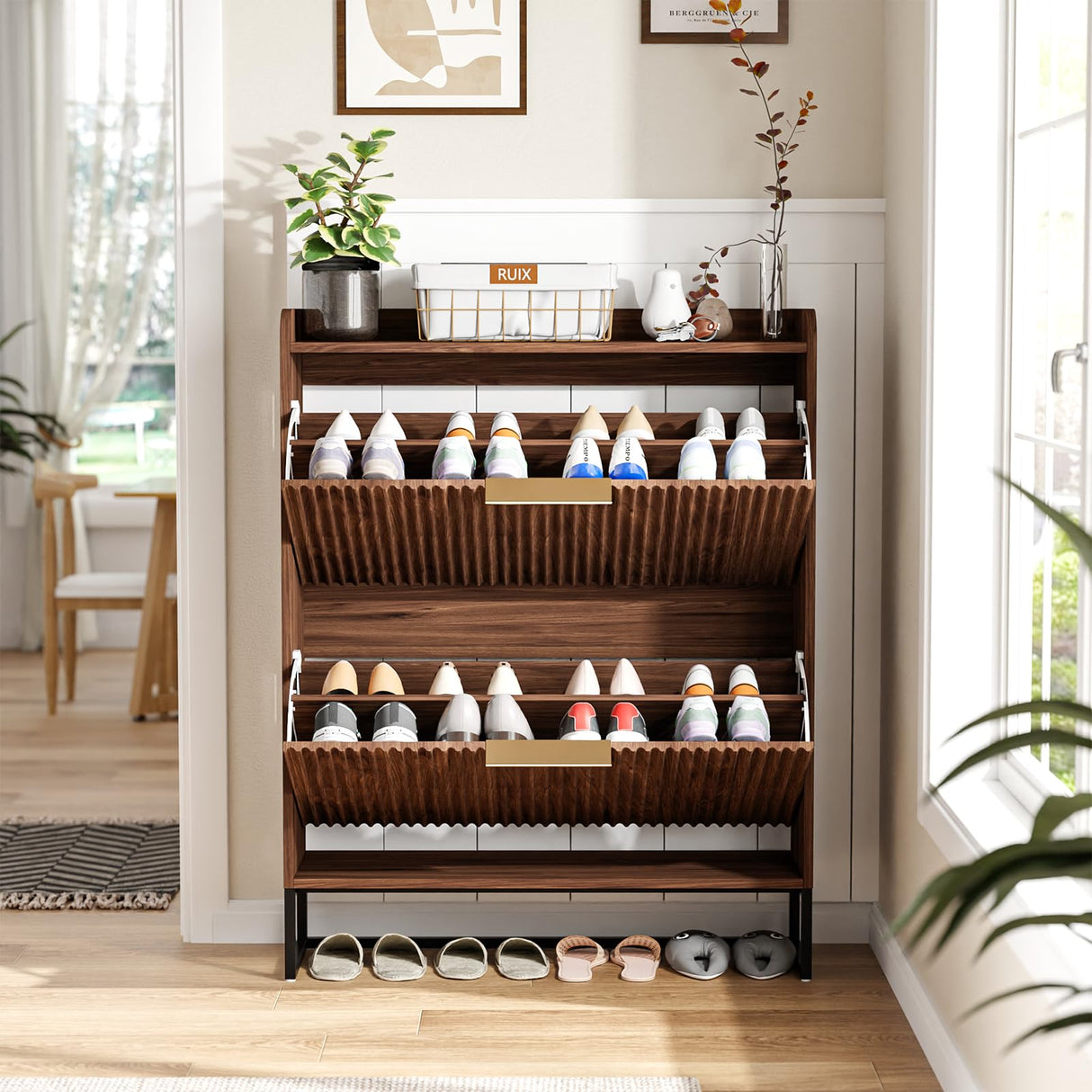 VINGLI Fluted Shoe Cabinet Storage for Entryway,Hidden Shoes Storage Cabinet with 2 Flip Drawers, Mid Century Modern Shoe Rack Organizer,Free Standing Shoes Organizer for Hallway(Dark Walnut) VINGLI