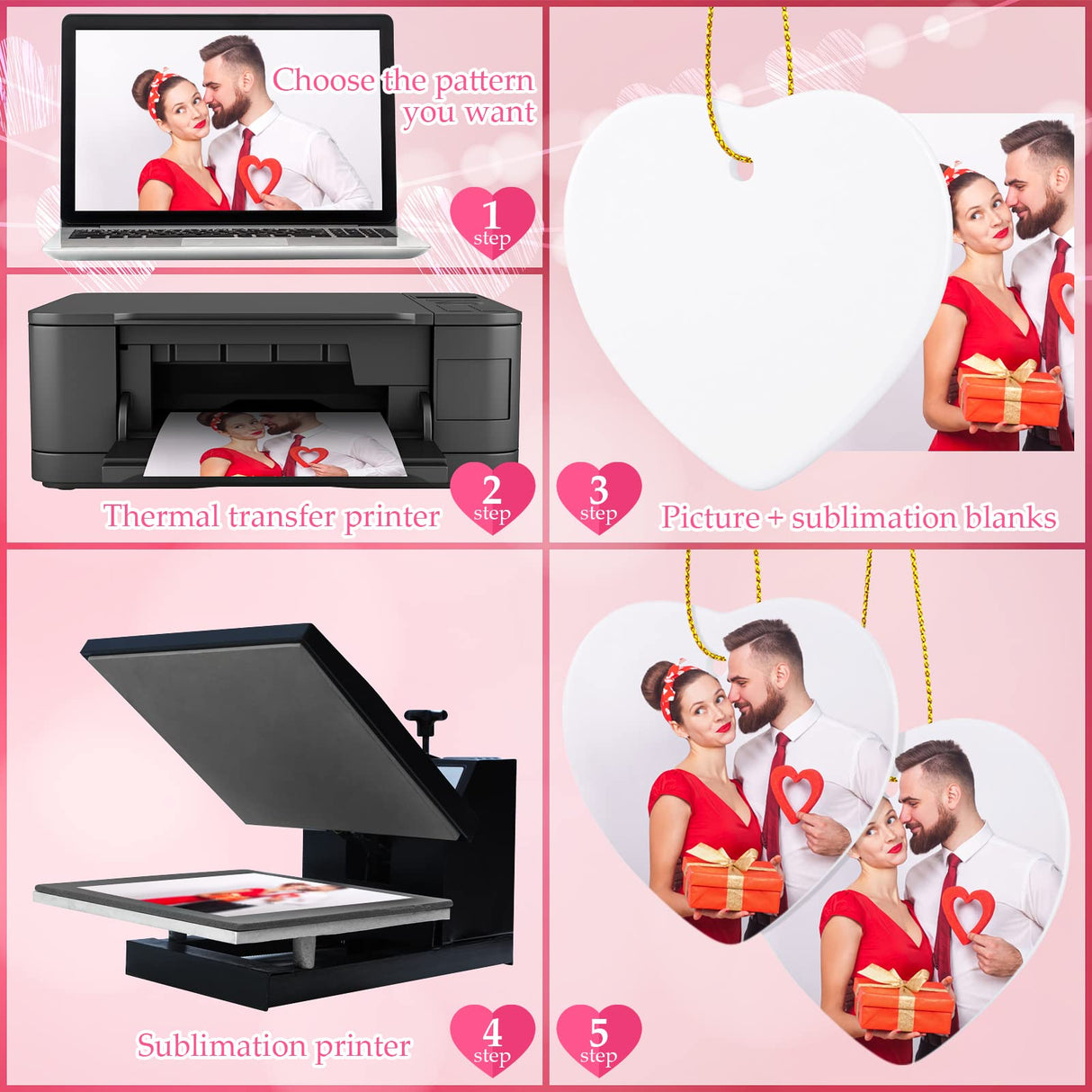 WILLBOND 10 Pieces Heart Sublimation Blank Ceramic Ornament 3 Inch White Heart Ceramic Ornament with Gold String for Valentine DIY Crafts Valentine's Day Personalized Ornament Decorations WILLBOND