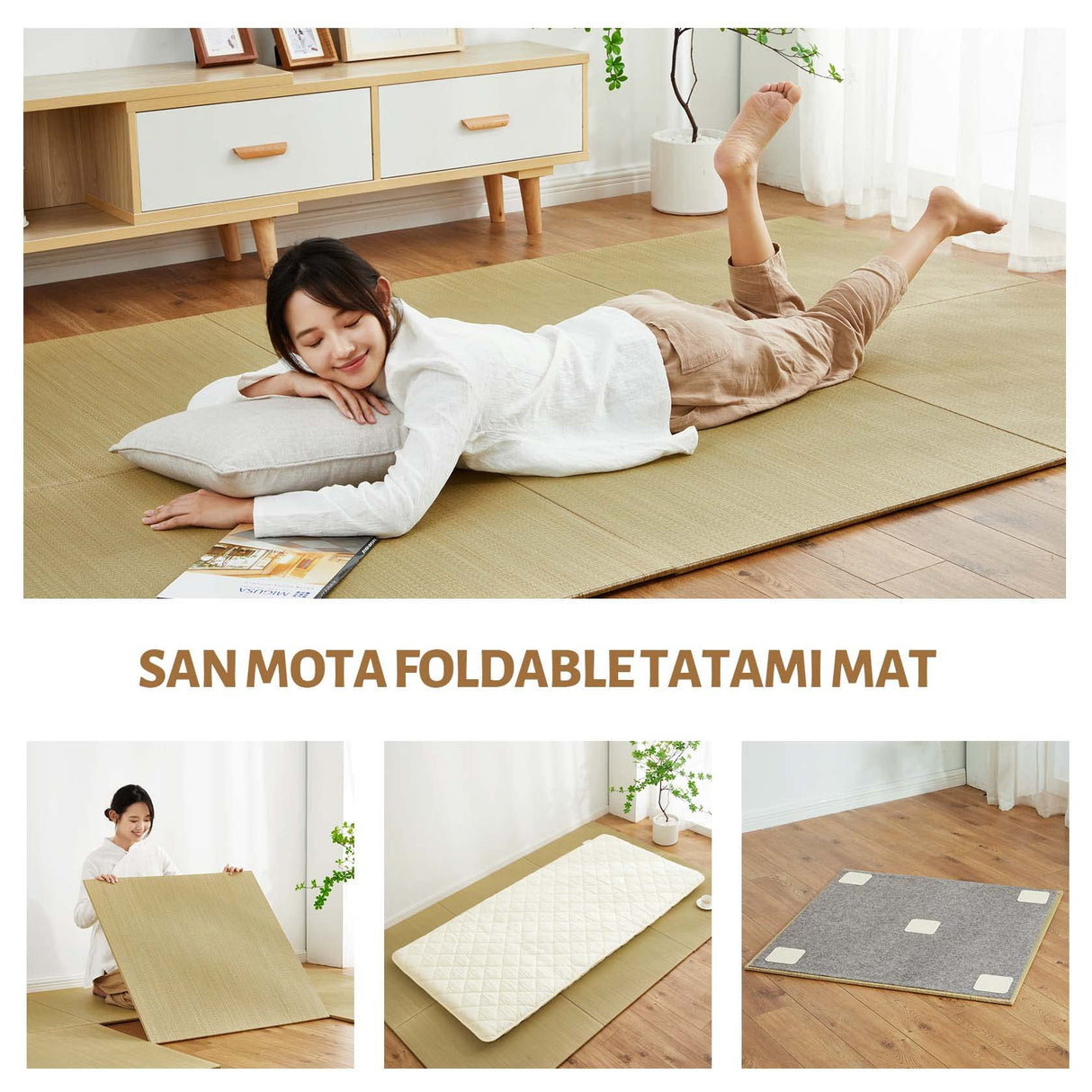SAN MOTA Japanese Tatami Mattress,100% Rush Grass Tatami Mat 64"x64"x0.5", Living Room Non-Slip Design Tatami, Game Mat and Yoga Mat, Free Combination Without Edge (4 Piece Set) SAN MOTA