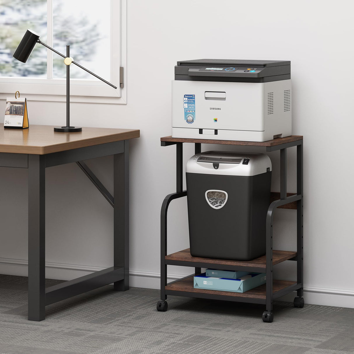 Fannova Printer Table Stand with Height Adjustable Shelf, 3 Tier Rolling Printer Cart with Wheels for Home Office Storage and Organization, Industrial Style Fannova