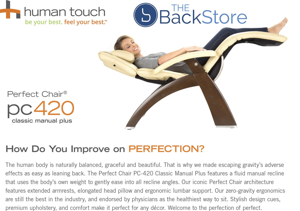 Perfect Chair Human Touch PC-420 Classic Manual Plus Series 2 Walnut Wood Base Zero-Gravity Recliner - Black SoftHyde Vinyl Perfect Chair