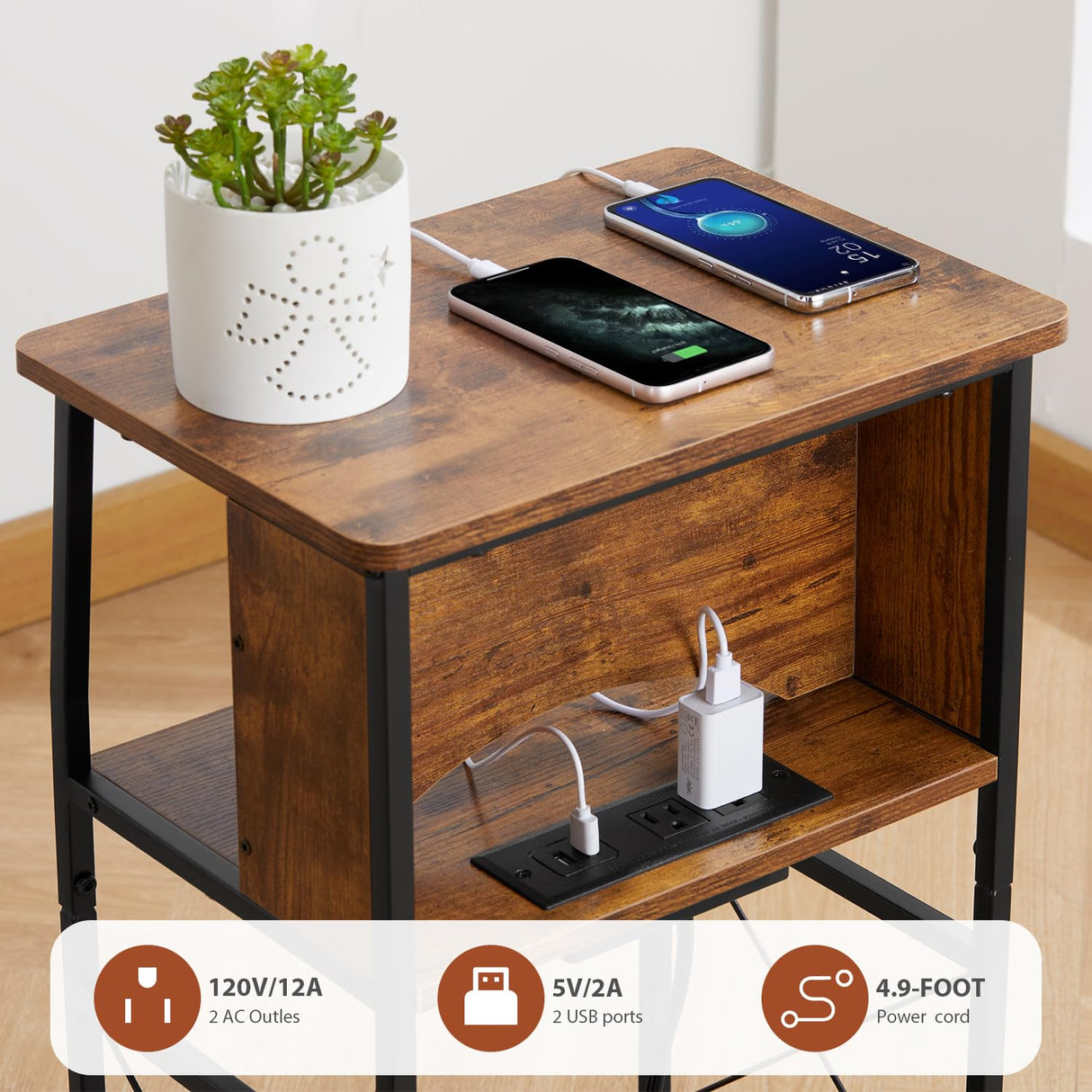3 Tier Narrow Side Table with Charging Station, Slim End Table Nightstand Table Storage Shelf With Hidden USB Ports , Two Installation Methods For Small Spaces/Bedroom/Living Room/Office,Rustic Brown YEAKOO