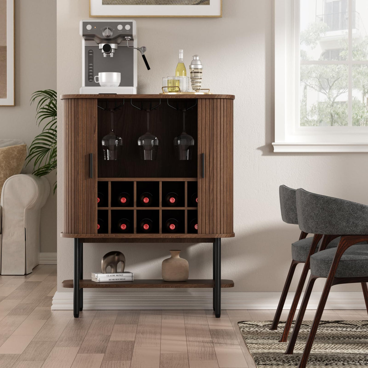 Coffee Bar Cabinet with Storage, Fluted Wine Cabinet with Sliding Doors, Glass Holder and Wine Rack, Buffet Sideboard Cabinet Liquor Cabinet for Kitchen, Dining Room, Living Room, Walnut FiveWillowise