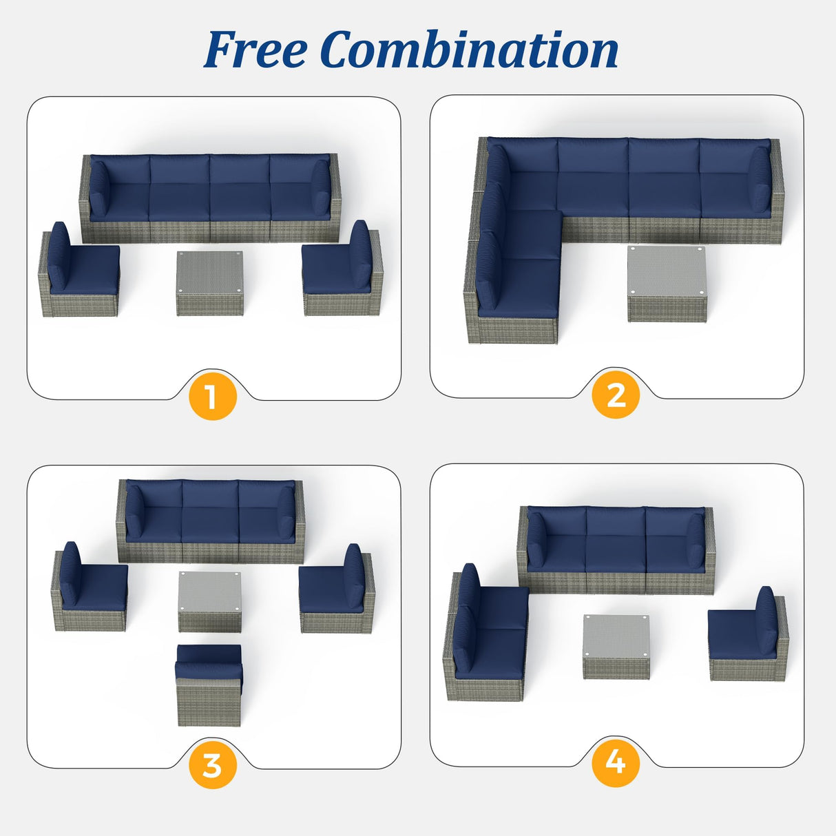 7-Piece Modular Patio Furniture Set, Wicker Outdoor Sectional Sofa with Cushions and Coffee Table, All Weather Patio Conversation Sets for Porch Balcony Backyard, Dark Blue Kiss the Water
