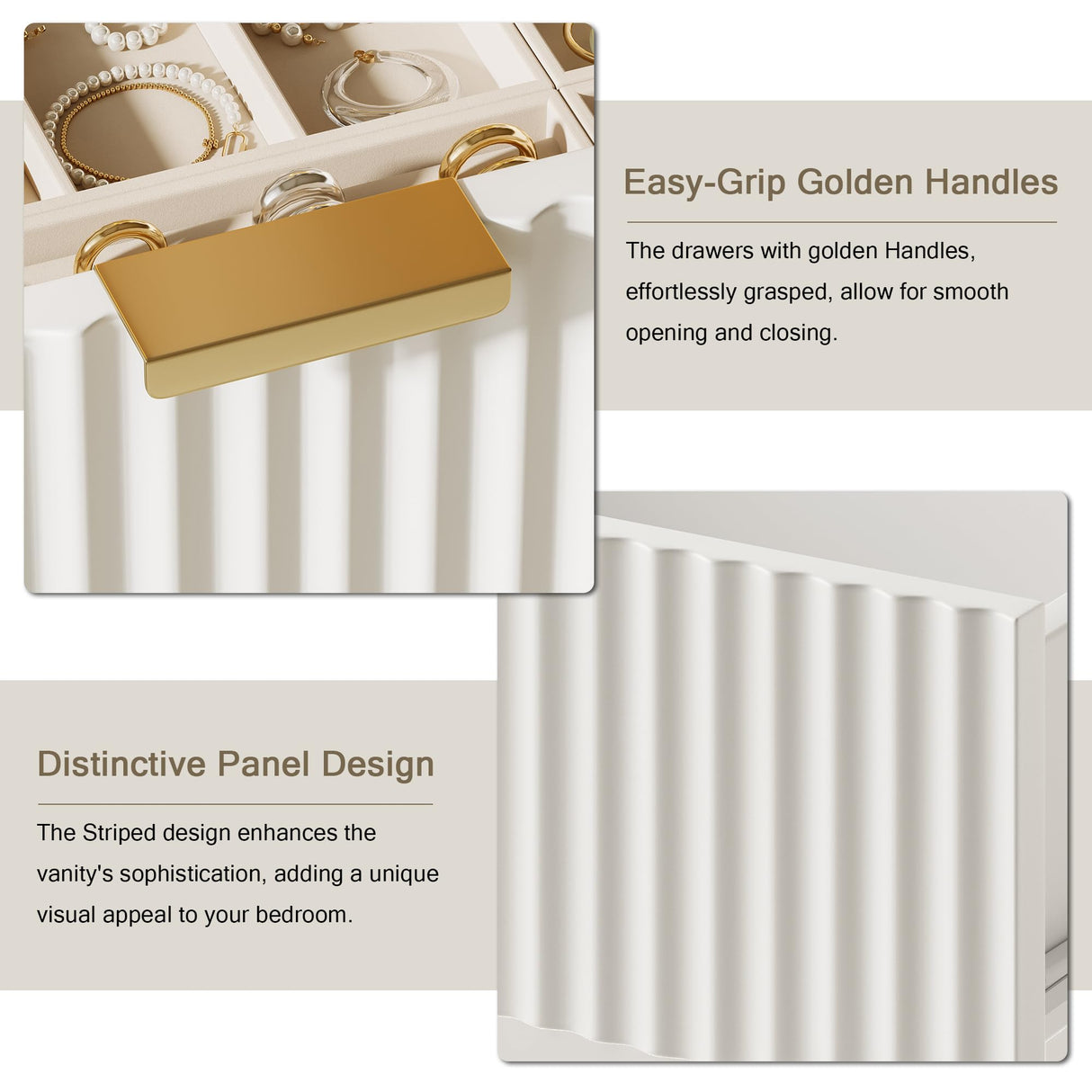 Einhomn Vanity Desk with Mirror & LED Lights, Fluted Makeup Table Set with Power Outlet & Hair Dryer Rack, Modern Dressing Table with Drawers & Adjustable Shelves, Cushioned Stool for Bedroom, White Einhomn