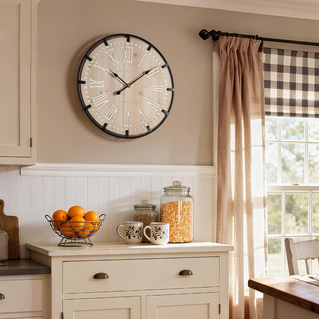 Vantic Farmhouse 24 Inch Extra Large Decorative Wall Clock with Metal Circle, Oversized Wood Wall Clock with Large Roman Numeral for Living Room, Bedrooms and Offices, Silent and Battery Operated Vantic