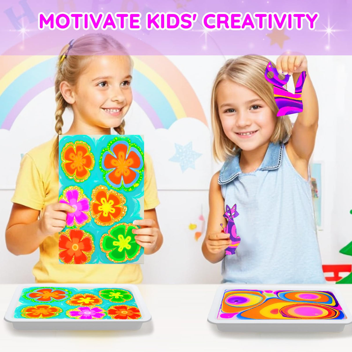 MOMUSE Marbling Paint Art Kit for Kids with Dual Trays, Passed Toxicology, Metallic Gold Water Marble Painting Kit, Creative Art Craft Kits Ideal Toys Gifts for Girls & Boys Ages 6+ MOMUSE