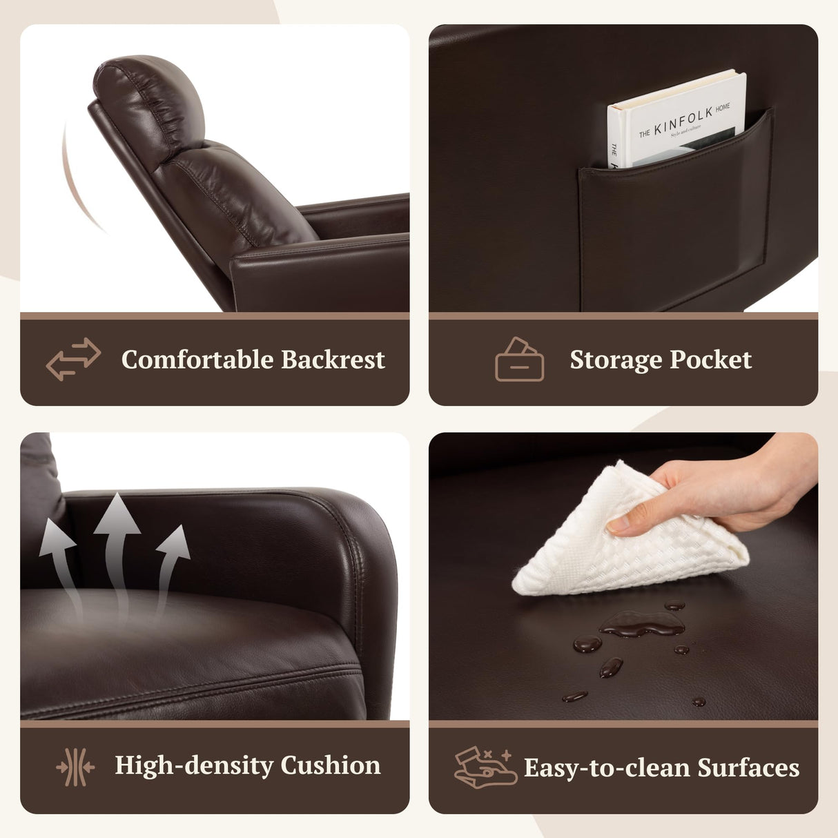 Neioml Swivel Rocking Recliner Chair for Small Space, Manual Swivel Glider Recliner for Nursery,RV,Rocking Recliner with Footrest and Side Pocket,Breathable Leather,Dark Brown Neioml