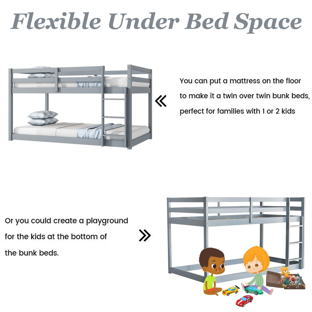 Mirightone Bunk Bed Twin Over Twin, Floor Bunk Bed with Ladder, Solid Wood Low Twin Bunk Beds for Kids Teens, Ideal for Multiple-Child Family, Apartment, Dormitory, No Box Spring Needed,Grey Mirightone