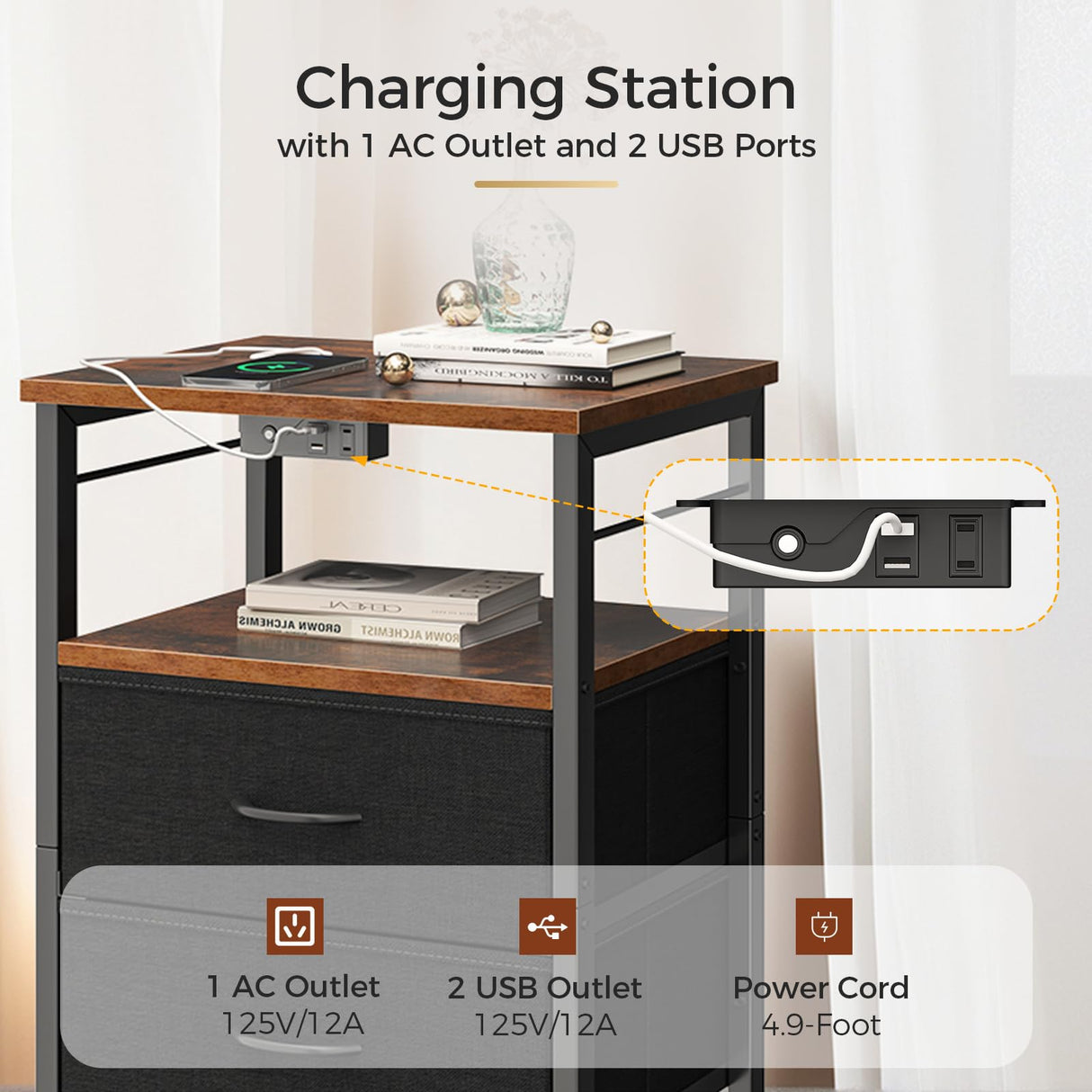 KKL Tall Nightstand with Charging Station and LED Lights, Bedside Table with Fabric Drawers, Open Shelves Storage for Bedroom, Black KKL