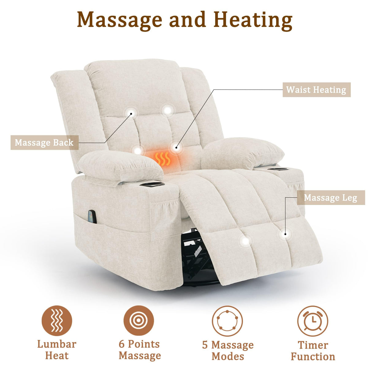 Korser 360° Swivel Rocker Recliner for Adults, Nursery Glider Recliner with Massage and Heating, Rocking Chair with Cup Holder, Manual Recliner Chair for Living Room, Bedroom (Fabric, Beige) Korser