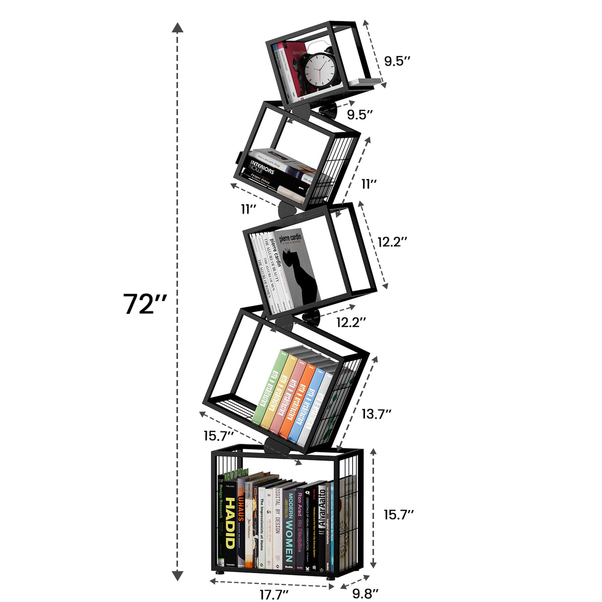 sugitek 5-Tier Skinny Bookshelf with Unique Geometric Design - Modern Metal Bookcase, Space-Saving Narrow Organizer for Living Room, Bedroom, Office, Corner - Black sugitek