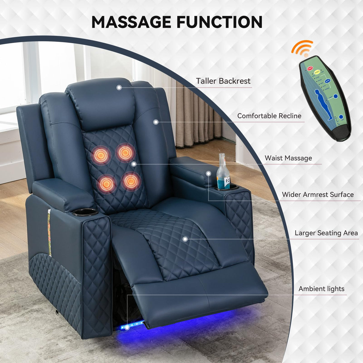 COMHOMA Power Recliner Chair PU Leather Electric Massage Recliner Sofa for Living Room Home Theater Seating with Cup Holders and LED Lighting(Blue) COMHOMA