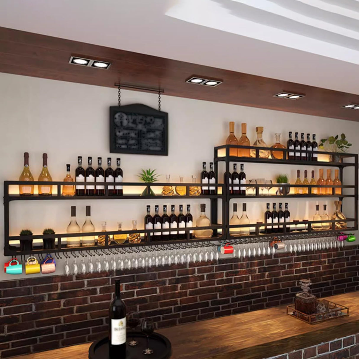 39.1in Wall Mounted Wine Rack, Wine Rack Wall Mounted With Wine Glass Rack, Metal Bar Bottle Display Shelf Wine Cups Hanging Holder, For Home Bar Cafe Dining Room Decoration (BLACK, 39.1*10*35.5IN) amhricho