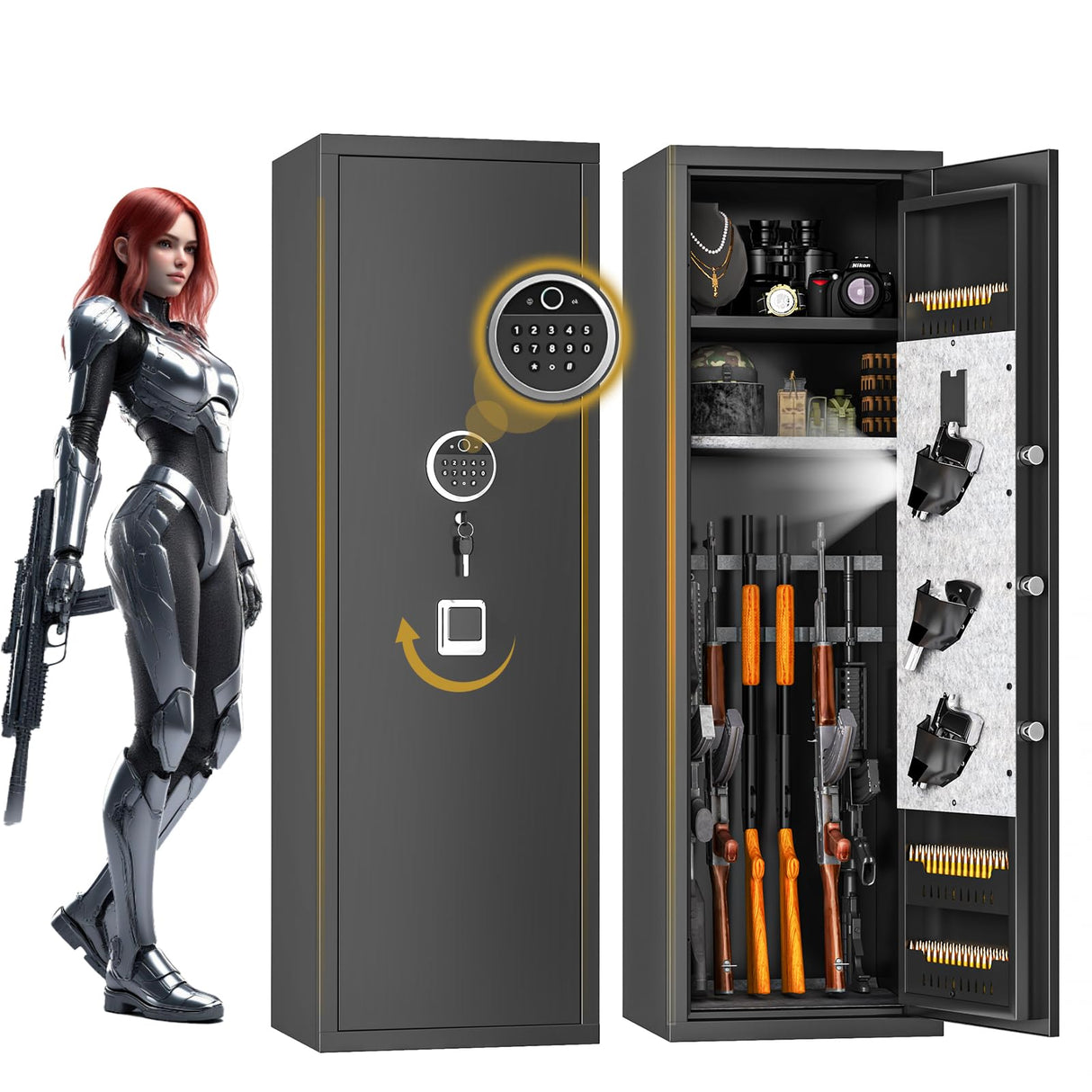 10-12 Gun Safe, Biometric Gun Cabinet for Rifles and Pistols, No Assembly Required, Quick Access Gun Safe with Password and Fingerprint, Large Gun Locker for Home with Removable Shelves&Pistol Pockets BEESTMUEBLE