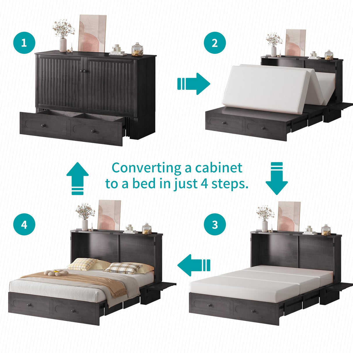 BALUS Murphy Cabinet Bed, Queen Size Cabinet Chest Bed with USB Charging Station, Tri-Fold Mattress, 2 Storage Drawers Modern Convertible Wooden Wall Beds for Apartment Bedroom - Dark Grey BALUS