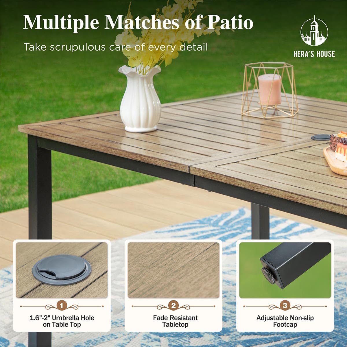 HERA'S HOUSE Outdoor Dining Set, 64" Wood Grain Rectangle Metal Table with Umbrella Hole and 6 Armrest Chairs, Patio Table and Chairs for Backyard Garden Porch HERA'S HOUSE