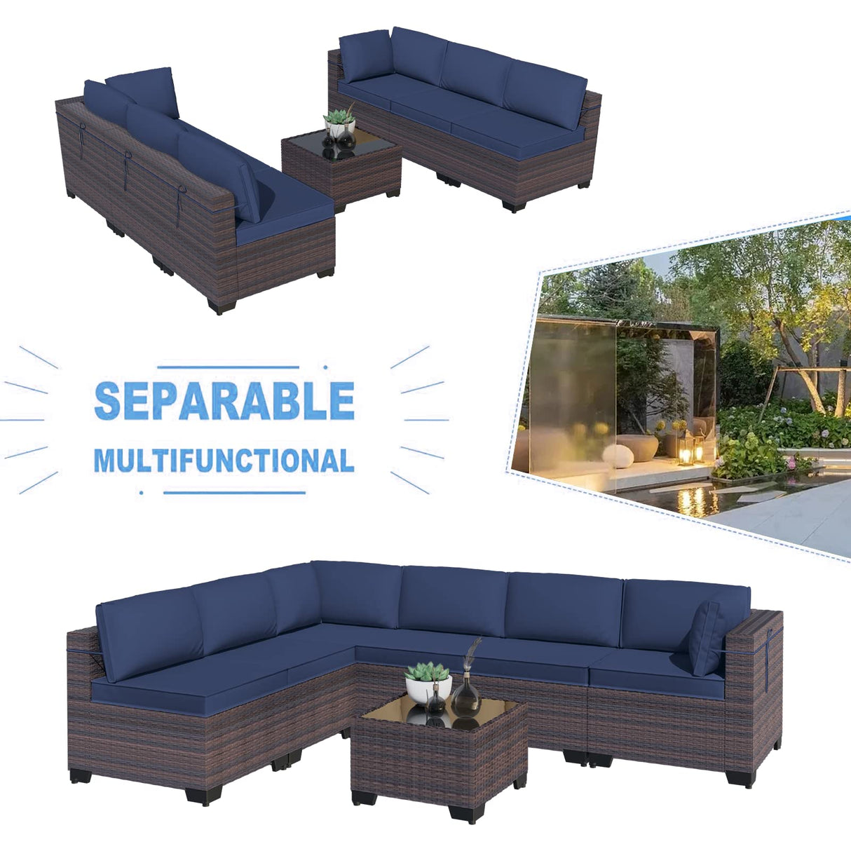 Kullavik 7 Pieces Outdoor Patio Furniture Set Sectional Rattan Sofa Brown Manual Wicker Patio Conversation Set with Navy Blue Cushions,1 Tempered Glass Tea Table and Cushions Covers Kullavik
