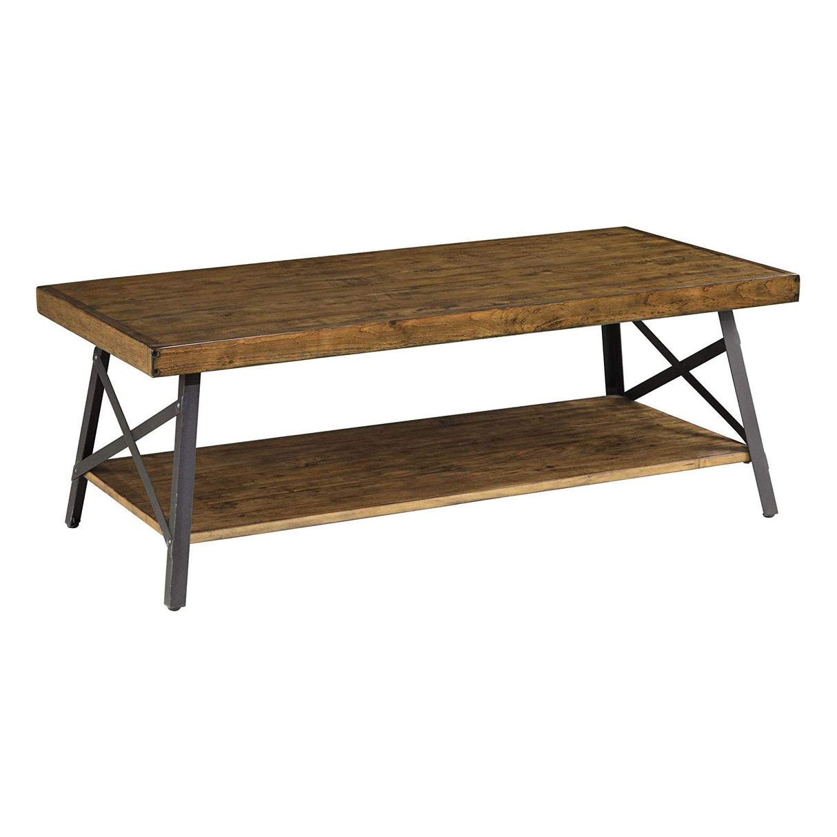 Emerald Home Furnishings Chandler Rustic Industrial Solid Wood and Steel Coffee Table with Open Shelf, Pine Brown,48" Emerald Furniture