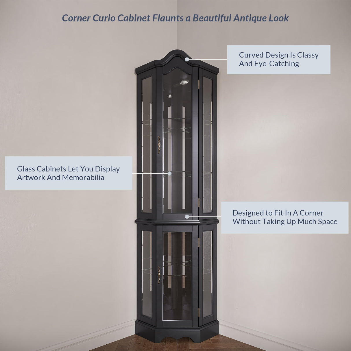 BELLEZE Lighted 3-Side Glass Display Curio Cabinet w/Tempered Glass Doors and Shelves, Curved Wood Corner Cabinet with Bulb, Corner Storage Rack for Living Room and Kitchen (Black) BELLEZE