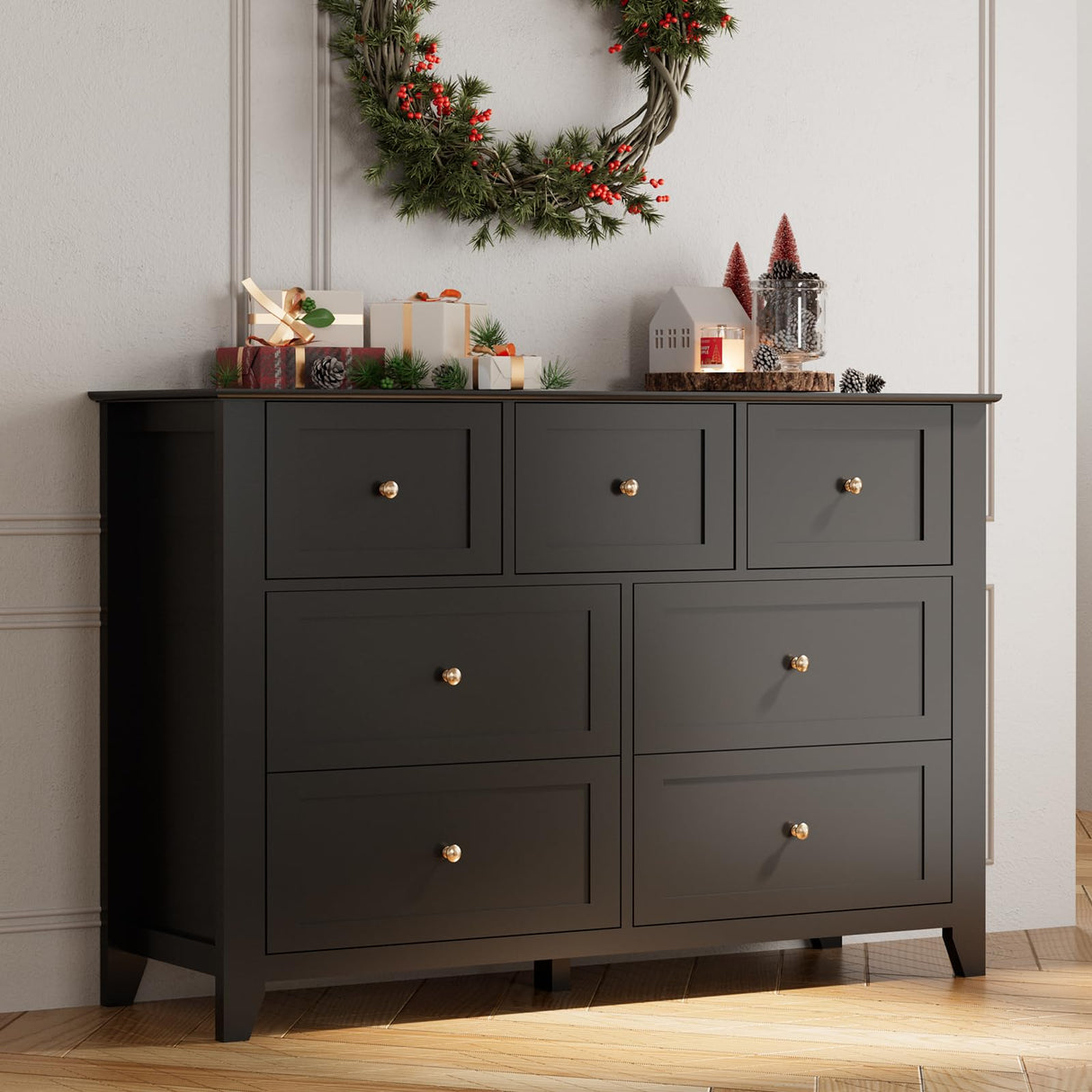 GAOMON 7 Drawers Dresser for Bedroom, 53.9" W Farmhouse Wood Dressers & Chest of Drawers for Clothes, Tall Storage Dressers Organizer with Deep Drawers for Living Room, Closet, Hallway, Black GAOMON