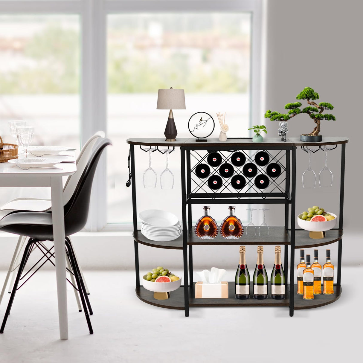 Jiabailie Wine Rack Table with LED Light,Metal Coffee Bar Cabinet with Outlet,Floor Bar Cabinet for Liquor and Glasses,FreeStanding Sideboard for Home Kitchen Dining Room Jiabailie