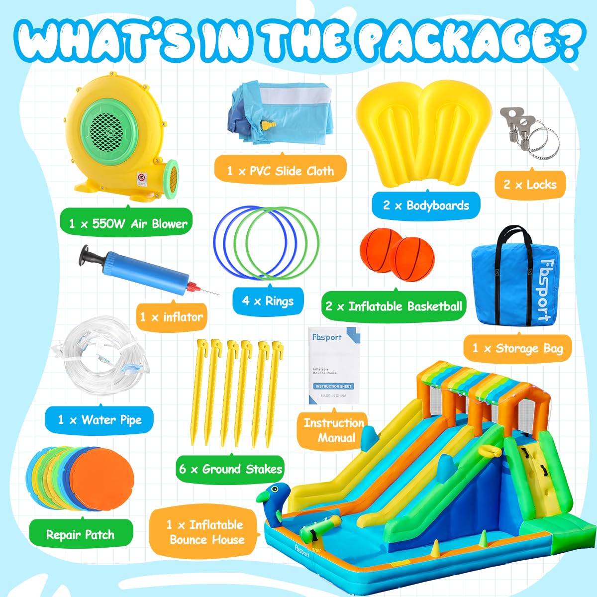 FBSPORT Inflatable Water Bounce House, Large Bounce Castle with 3 Slide for Kids, Inflatable Water Slide with Splash Pool, Climbing, Toss Rings, Basketball Hoop, Bouncy House for Outdoor Indoor FBSPORT