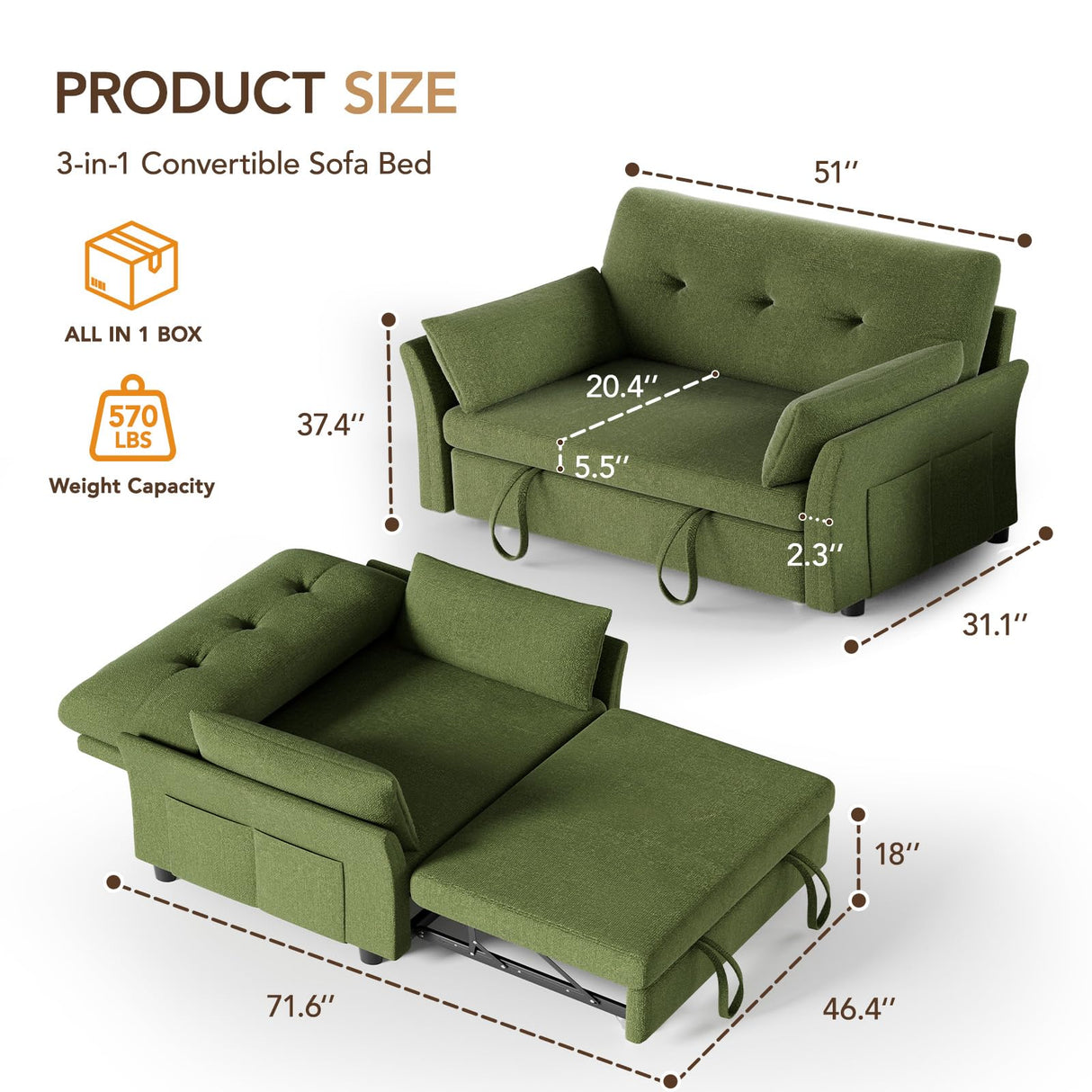 Vipbear 3 in 1 Sleeper Sofa Bed, Pull Out Couch with Reclining Backrest, Convertible Loveseat with Side Pocket, Tool-Free Assembly, Modern Chenille Loveseat for Living Room, Apartment, Green Vipbear