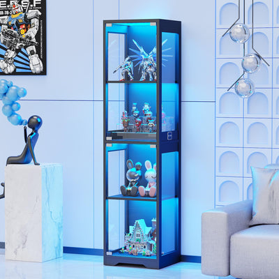BROTTAR Glass Display Cabinet, 4-Tier Curio Cabinets with 3 Color Lights for Collectibles, Storage Cabinet with Door, Glass Display Case & Bookcase with Human Body Sensor, Black