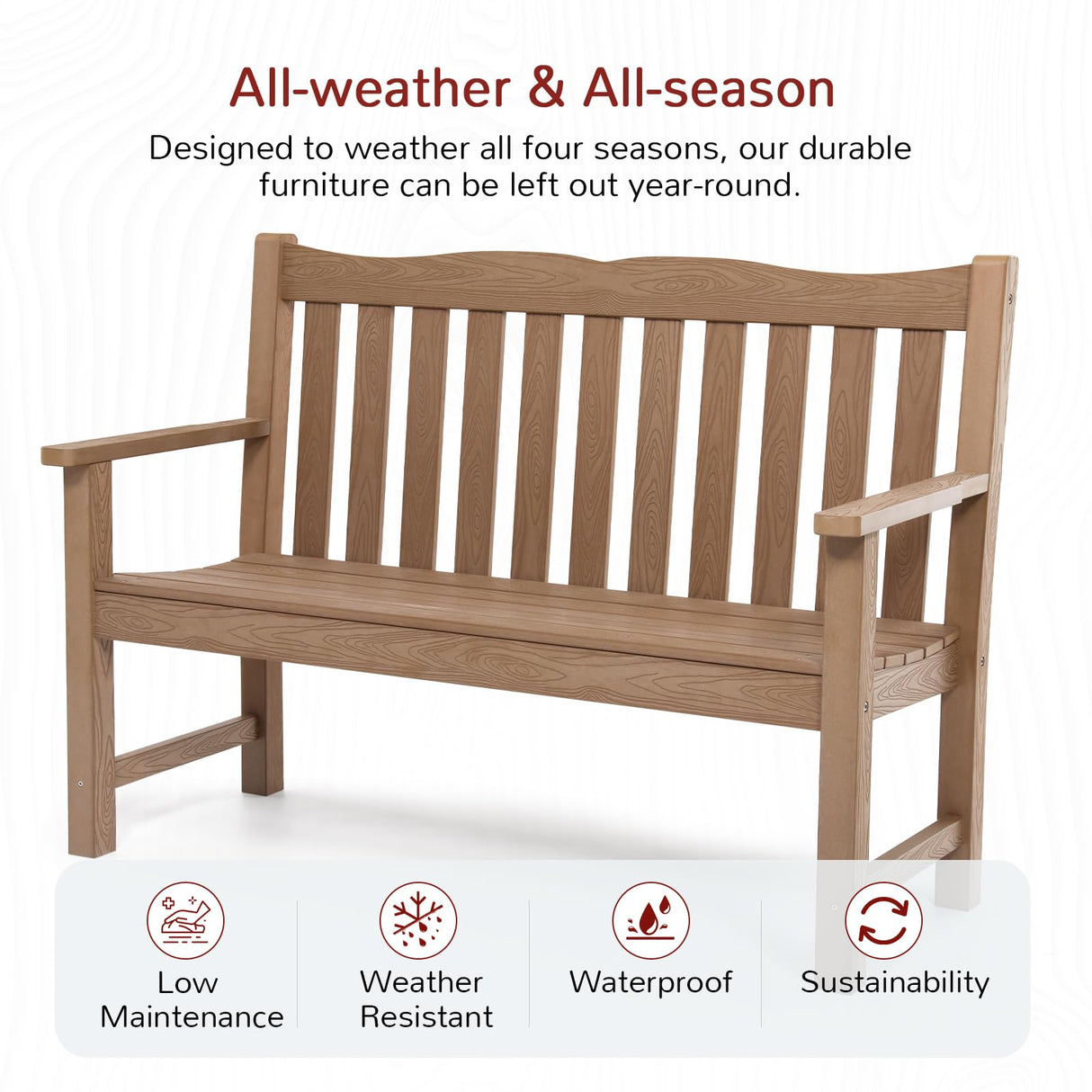 Outdoor Bench, 2-Person Poly Lumber Garden Bench, All-Weather Outside Bench with 800 lbs Weight Capacity, Never Rot or Fade, Looks Like Real Wood, Teak Stoog