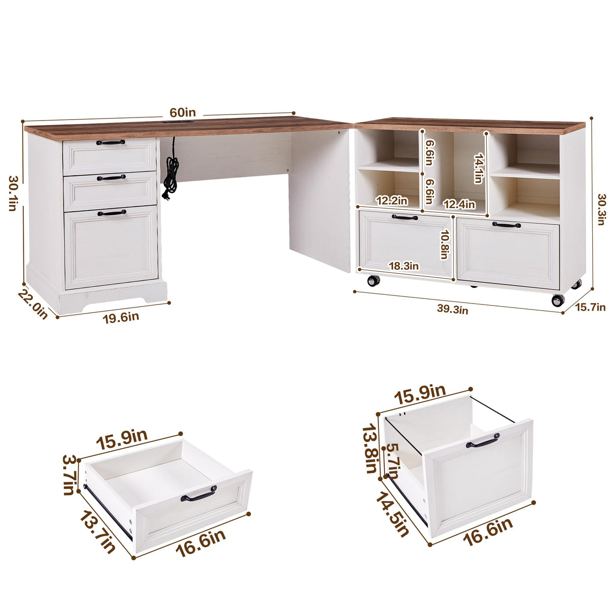 60"L-Shaped Executive Desk with 40"Adjustable File Cabinet,Farmhouse Home Office Desk with Charging Station,Office Desk with Storage Drawers,Wood Computer Desk Set for Office Work,Home Study LayBurst