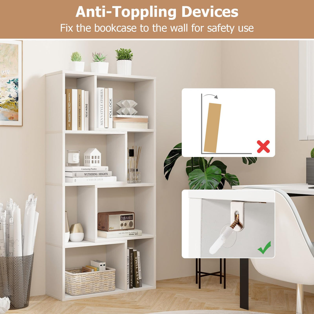 IFANNY Bookshelf, 48’’ Tall Bookcase with 8 Cubes, Small Bookshelf with Storage, Geometric Display Shelf, Wooden Bookshelves & Bookcases, Book Shelves for Bedroom, Living Room, Study (White) IFANNY