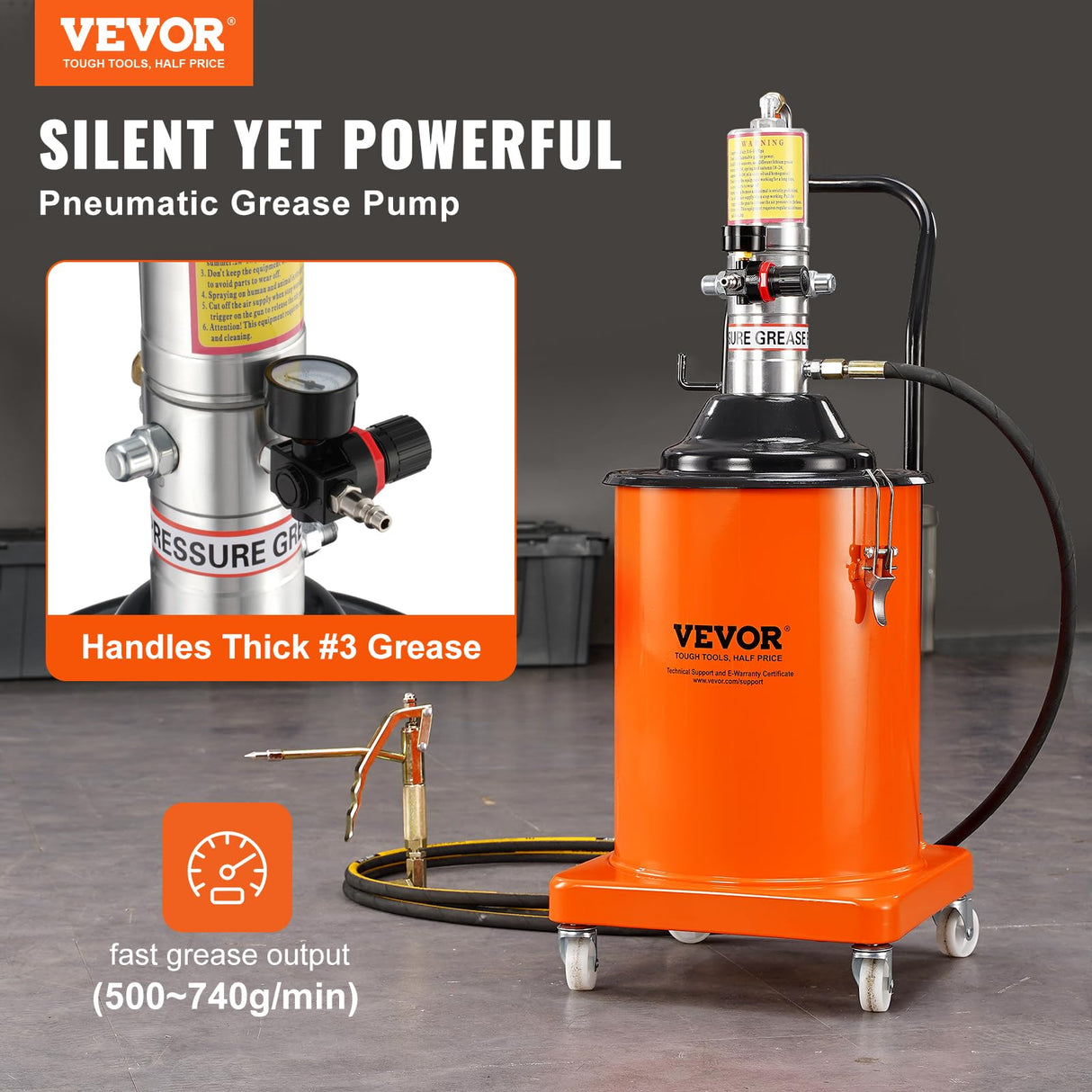 VEVOR Grease Pump, 5 Gallon Air Grease Pump with 13 ft High Pressure Hose and Grease Gun, 20L Pneumatic Grease Pump with Wheels, Portable Lubrication Grease Pump VEVOR