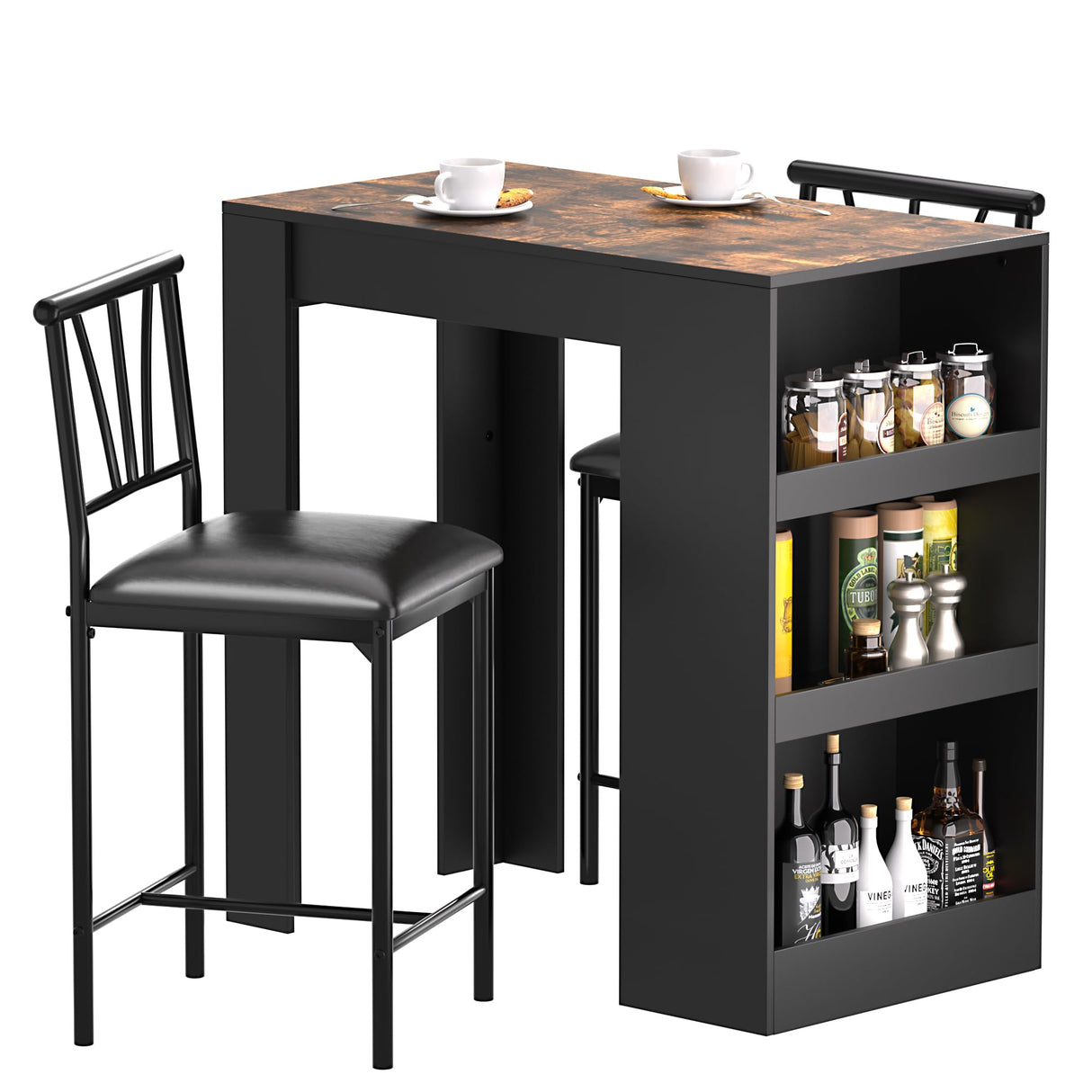 VECELO Small Bar Table and Chairs Tall Kitchen Breakfast Nook with Stools/Dining Set for 2, Storage Shelves, Space-Saving, Retro VECELO