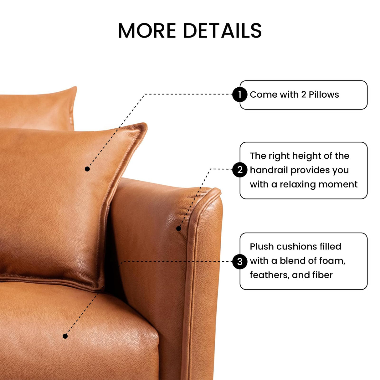 Valencia Jasper 85" Cognac Tan Brown 3 Seater Full Leather Couch | Mid Century Leather Sofa with 2 Pillows for Living Room Furniture | Plush Cushions, Nappa Leather Lounge Couch VALENCIA THEATER SEATING