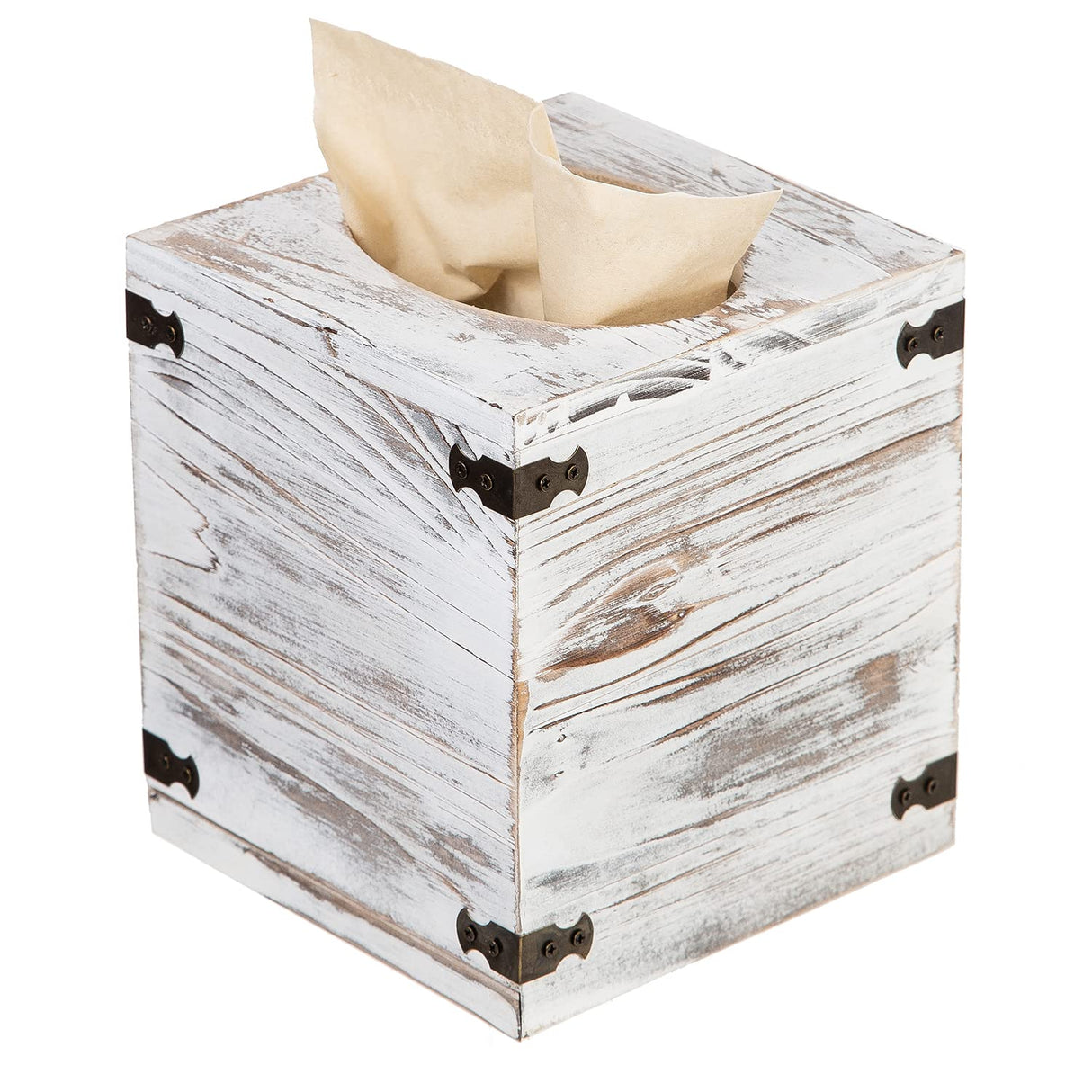 Distressed Farmhouse Square Solid Wood Tissue Box Cover with Slide-Out Bottom Panel Honey Brown Tissue Box Holder for Bathroom Living Room Dining Room Bedroom Toilet (Washed White) canwedance