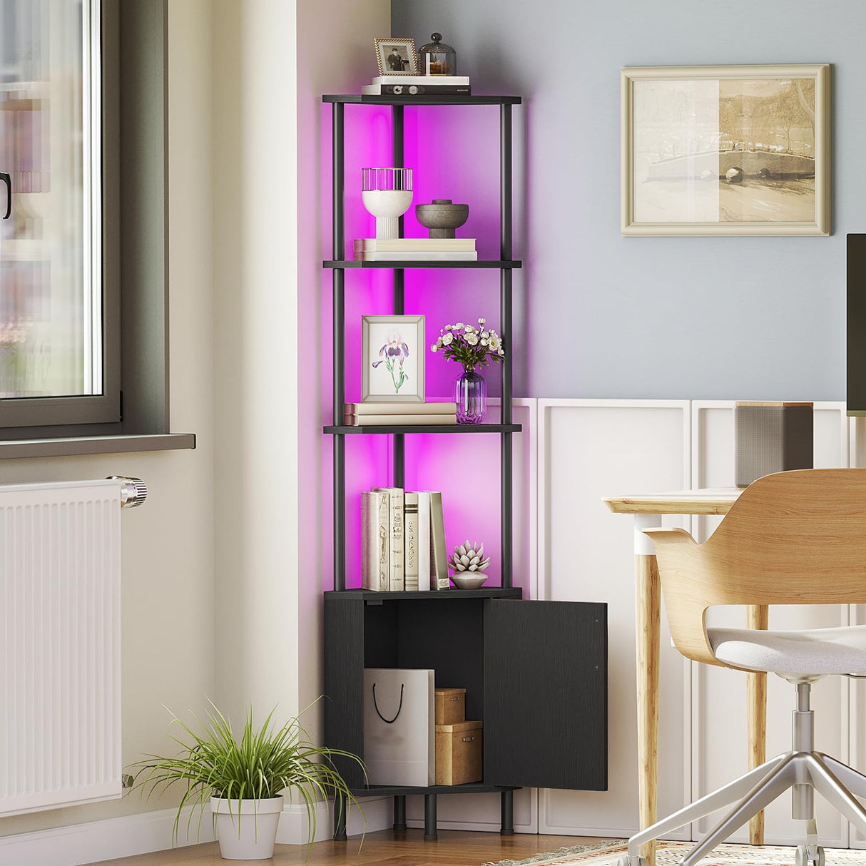 HOOBRO Corner Cabinet with LED Light, Corner Shelf Stand with Storage and Doors, 5-Tier Industrial Corner Bookshelf, 59” Tall Display Rack Shelf, for Living Room, Kitchen, Black BB147DCJ01 HOOBRO