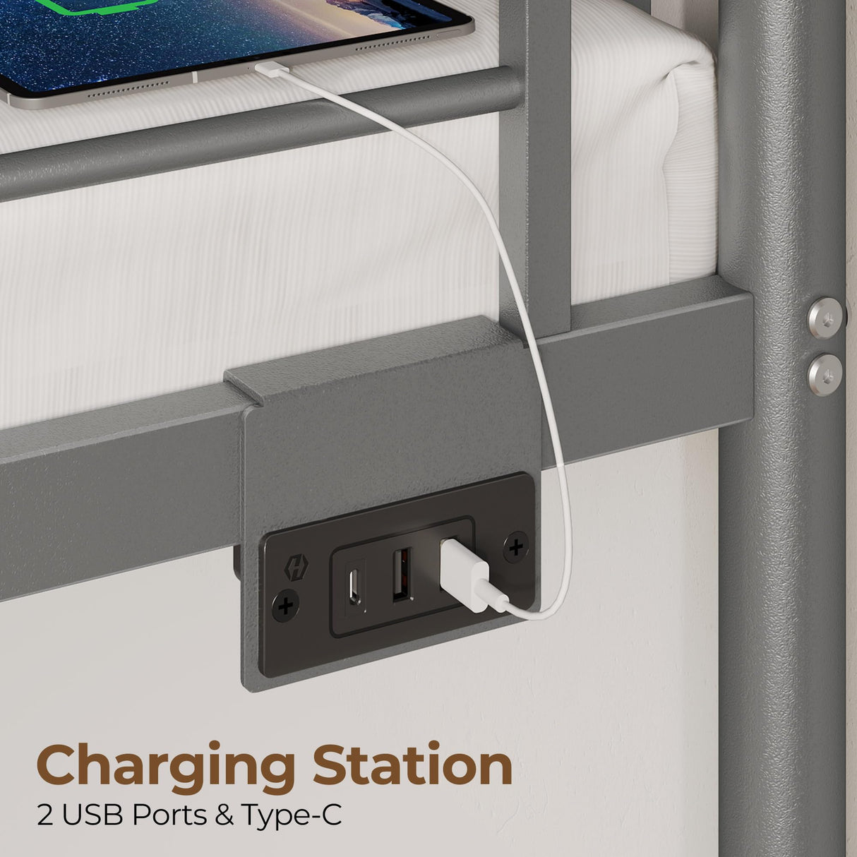 Rolanstar Metal Bunk Bed Full Over Full with USB Charging Station, LED Bunk Bed with 2 Storage Drawers, Bed with Safety Guardrail & Ladders, No Box Spring Needed, Easy Assembly, Grey Rolanstar