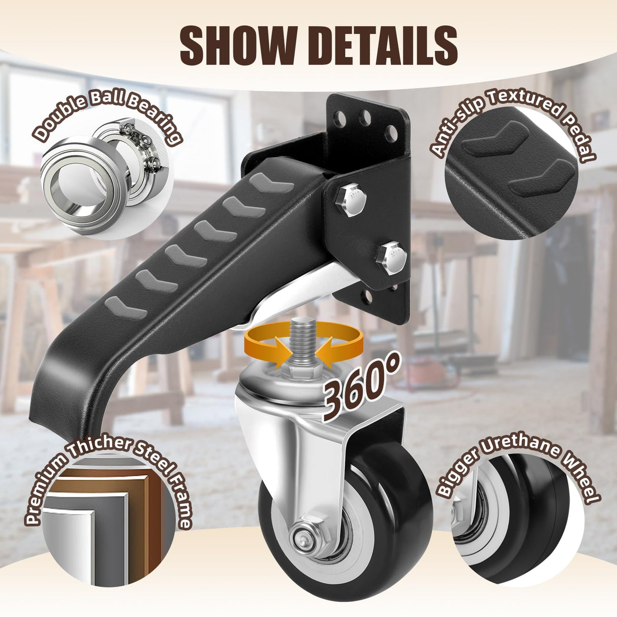 SPACECARE Workbench Casters kit 900Lbs Heavy Duty Quick Release 2 Mounting Options Retractable Workbench Stepdown Caster Wheels Adjustable Polyurethane Durable Steel Construction (Set of 4) SPACECARE