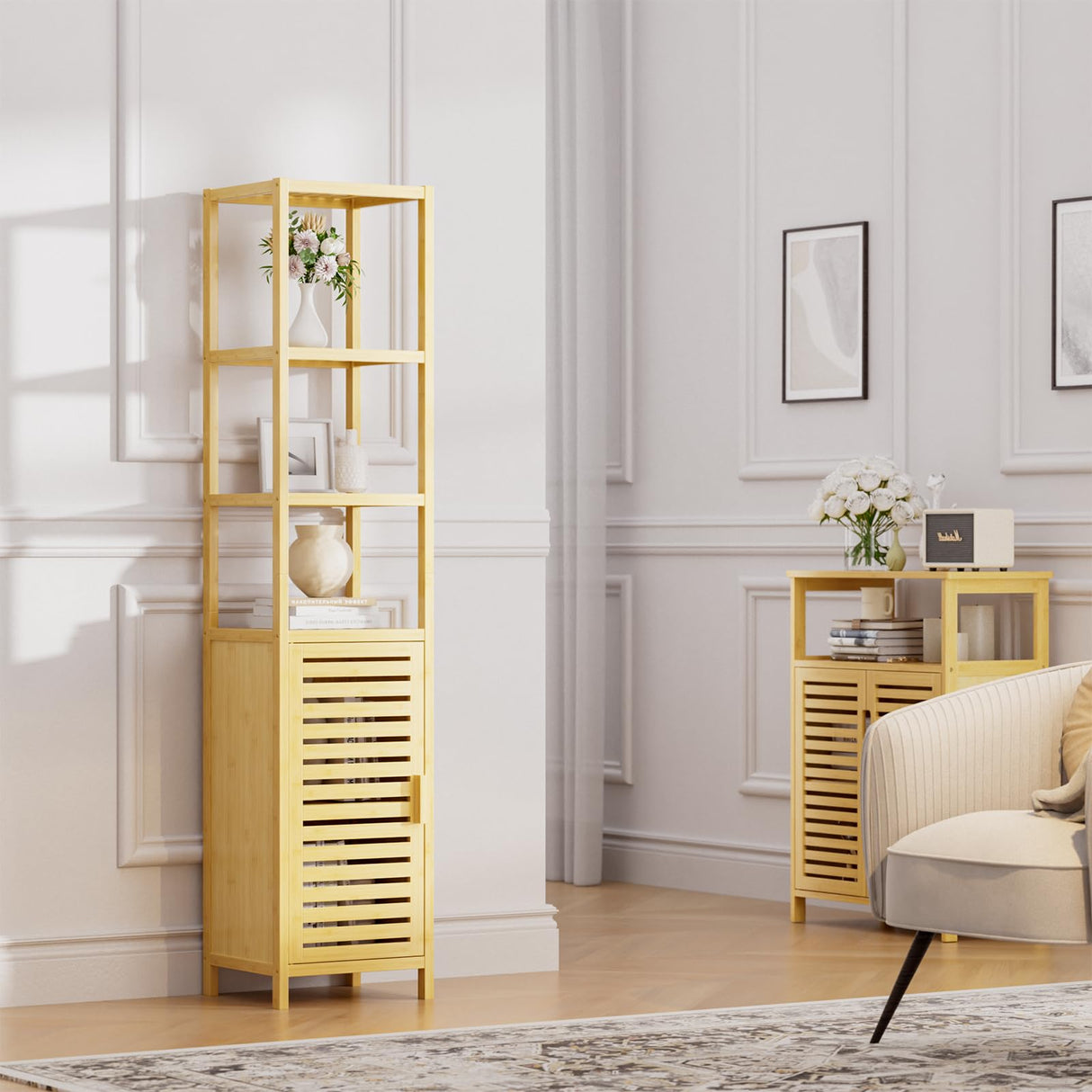 HITNET Bathroom Floor Cabinet, 6 Tier Tall Thin Linen Tower Storage Cabinet Free Standing Bamboo, Kitchen Side Organizer with 3 Shelves and Cupboard, Natural HITNET