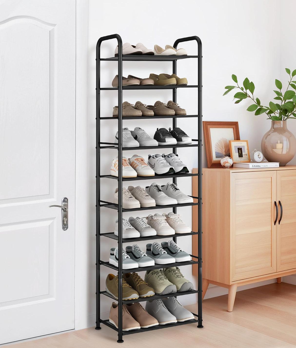STORAGE MANIAC 10-Tier Tall Shoe Rack, 20 Pairs Narrow Slim Shoe Shelf, Metal Frame Shoes Stand for Small Space, Space-Saving Shoes Organizer, Vertical Shoes Tower for Garage, Entryway, Closet, Dorm STORAGE MANIAC